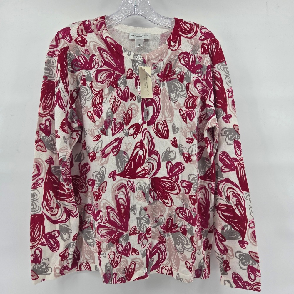 Christopher & Banks Cardigan Sweater Medium‎ Pink Hearts New Valentines Coquette